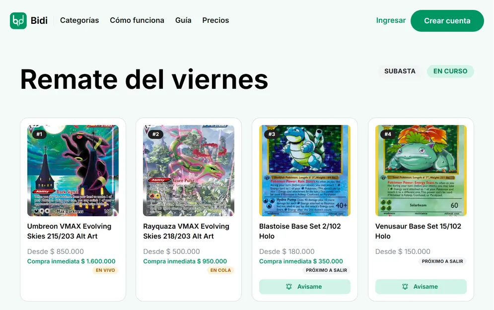 Catálogo público del grupo Cartas Pokémon AR: lotes con foto, precio base y botón Avisame