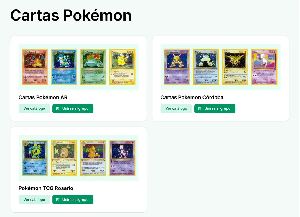 Directorio de Bidi, rubro Cartas Pokémon, con el grupo Cartas Pokémon AR y su botón para unirse