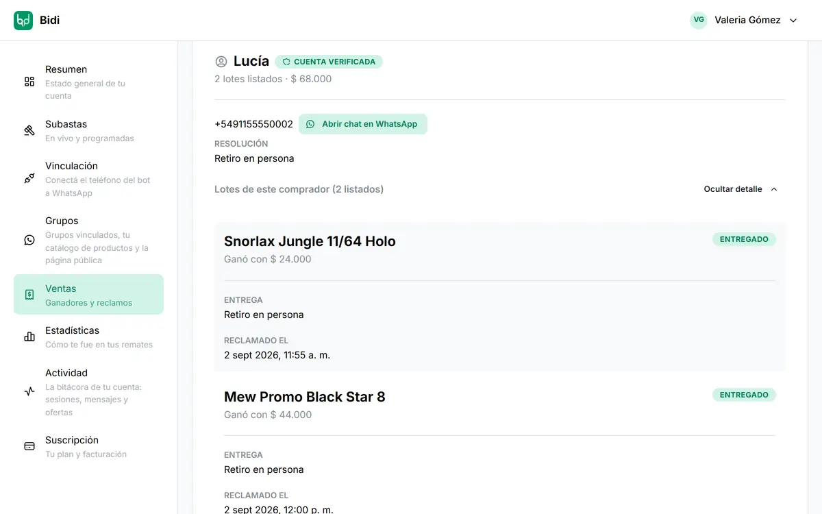 Panel de ventas: ficha de un comprador con dos lotes ganados, precio final y forma de entrega