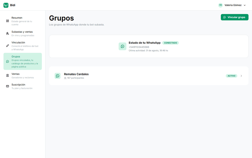 Página Grupos del panel con el grupo vinculado activo