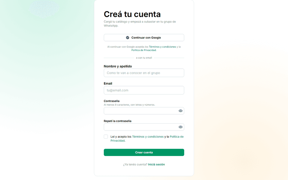 Formulario de creación de cuenta de Bidi, con email, contraseña y aceptación de términos