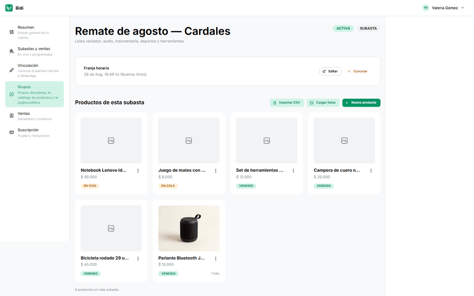 Detalle de una subasta con su ventana horaria y la grilla de lotes cargados