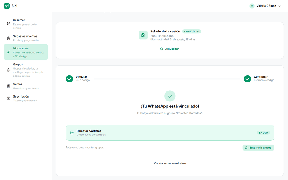Asistente de vinculación de WhatsApp del panel, mostrando la sesión conectada